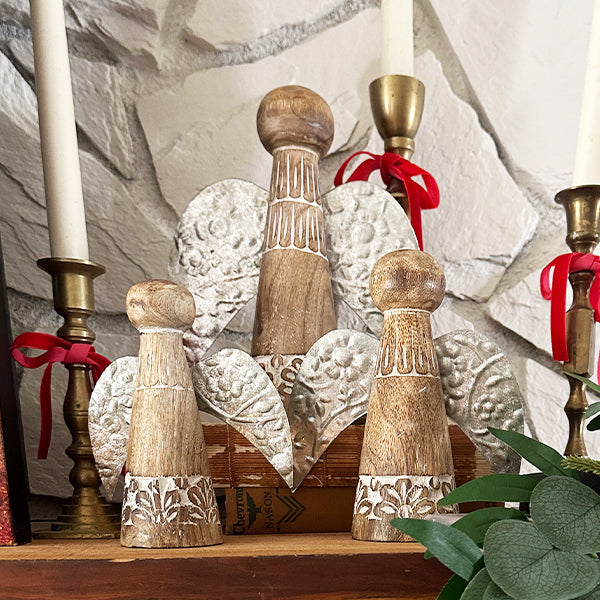 Christmas Tabletop Wood Angels with Pressed Tin Wings, Set of Three