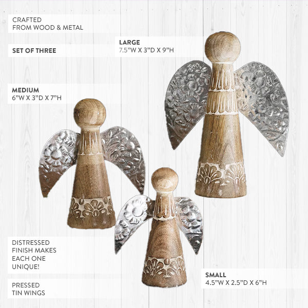 Christmas Tabletop Wood Angels with Pressed Tin Wings, Set of Three