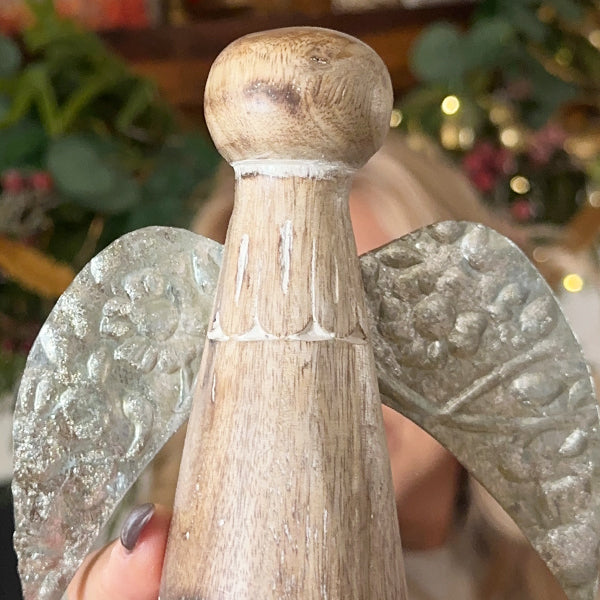 Christmas Tabletop Wood Angels with Pressed Tin Wings, Set of Three