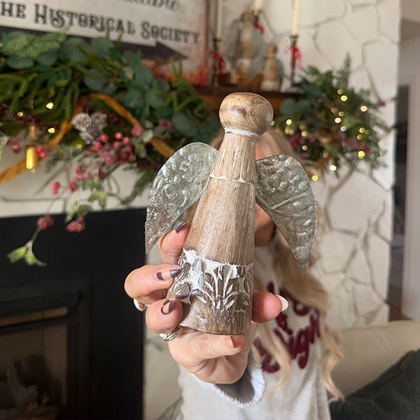 Christmas Tabletop Wood Angels with Pressed Tin Wings, Set of Three