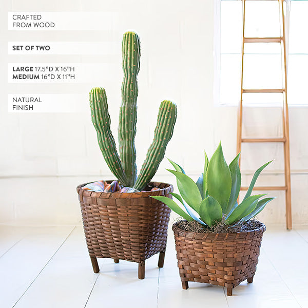 Footed Round Woven Wood Baskets, Set of Two