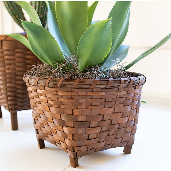 Footed Round Woven Wood Baskets, Set of Two