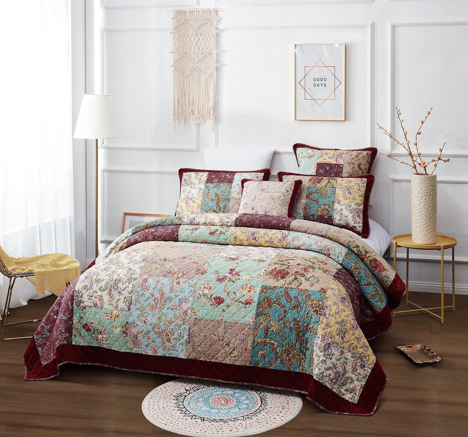 Bedding Bohemian Burgundy Red Velvet Trim Floral Paisley Patchwork Cotton Bedspread Set