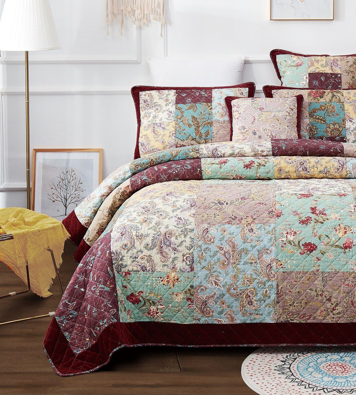 Bedding Bohemian Burgundy Red Velvet Trim Floral Paisley Patchwork Cotton Bedspread Set