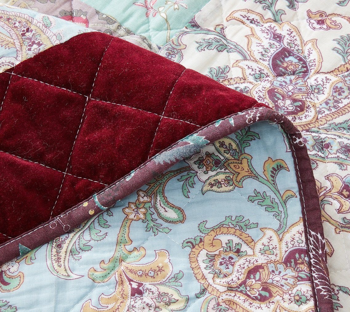 Bedding Bohemian Burgundy Red Velvet Trim Floral Paisley Patchwork Cotton Bedspread Set