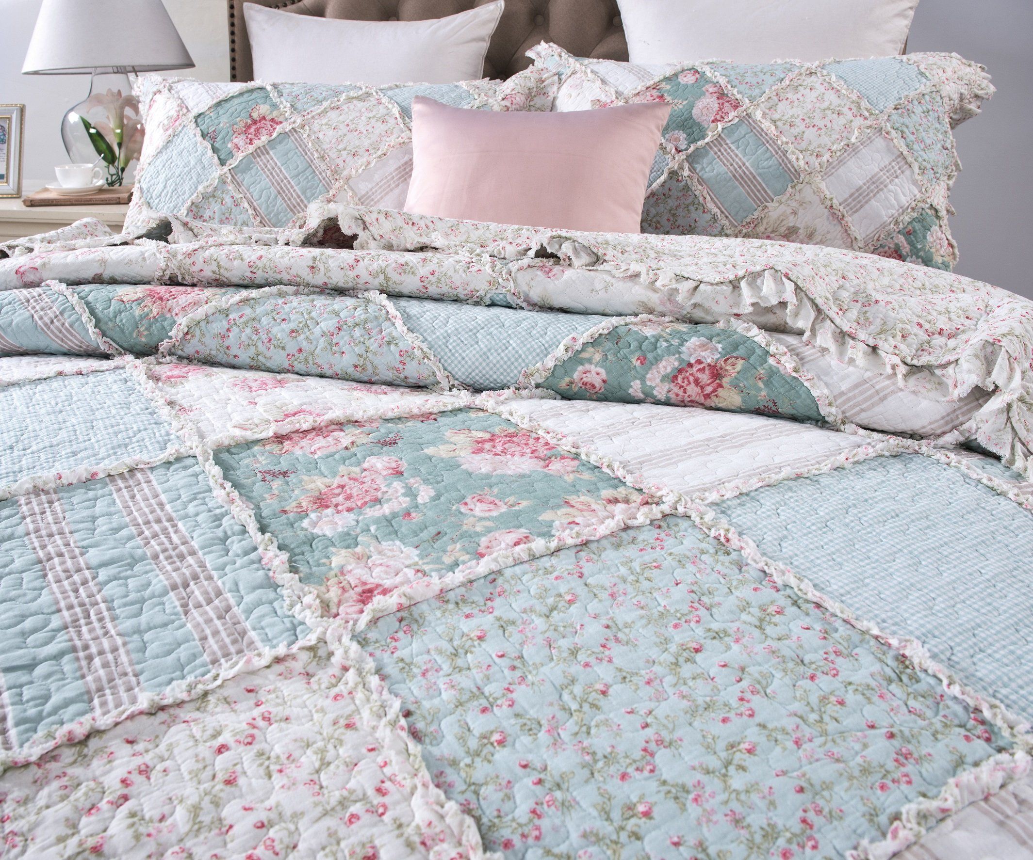 Hint of Mint Floral Pastel Cotton Patchwork Ruffle Bedspread Set