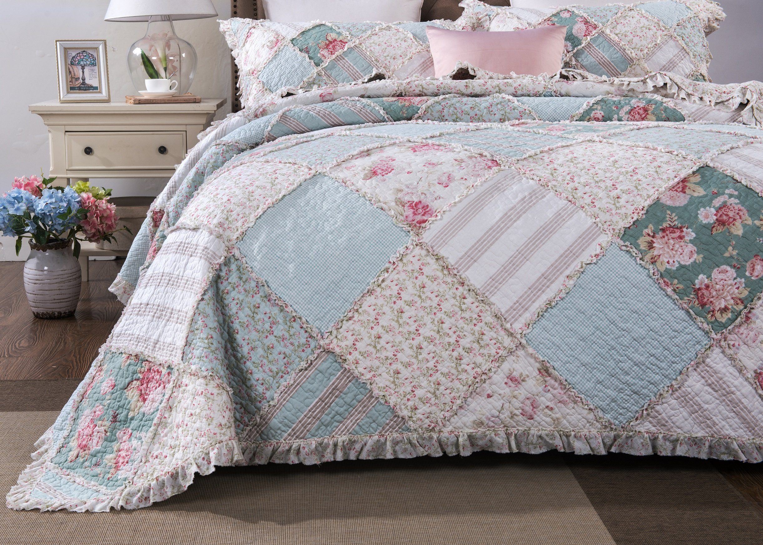 Hint of Mint Floral Pastel Cotton Patchwork Ruffle Bedspread Set