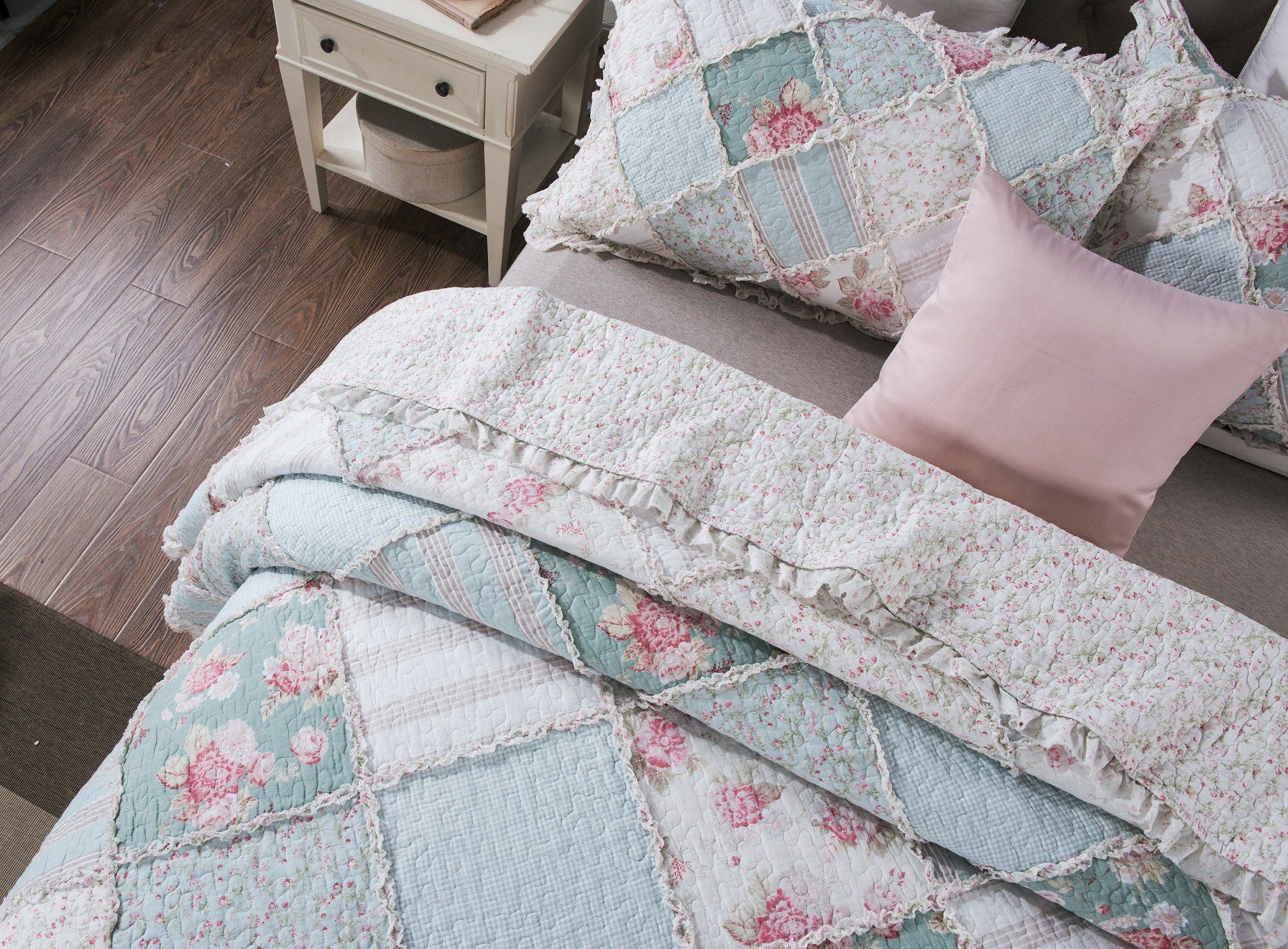 Hint of Mint Floral Pastel Cotton Patchwork Ruffle Bedspread Set