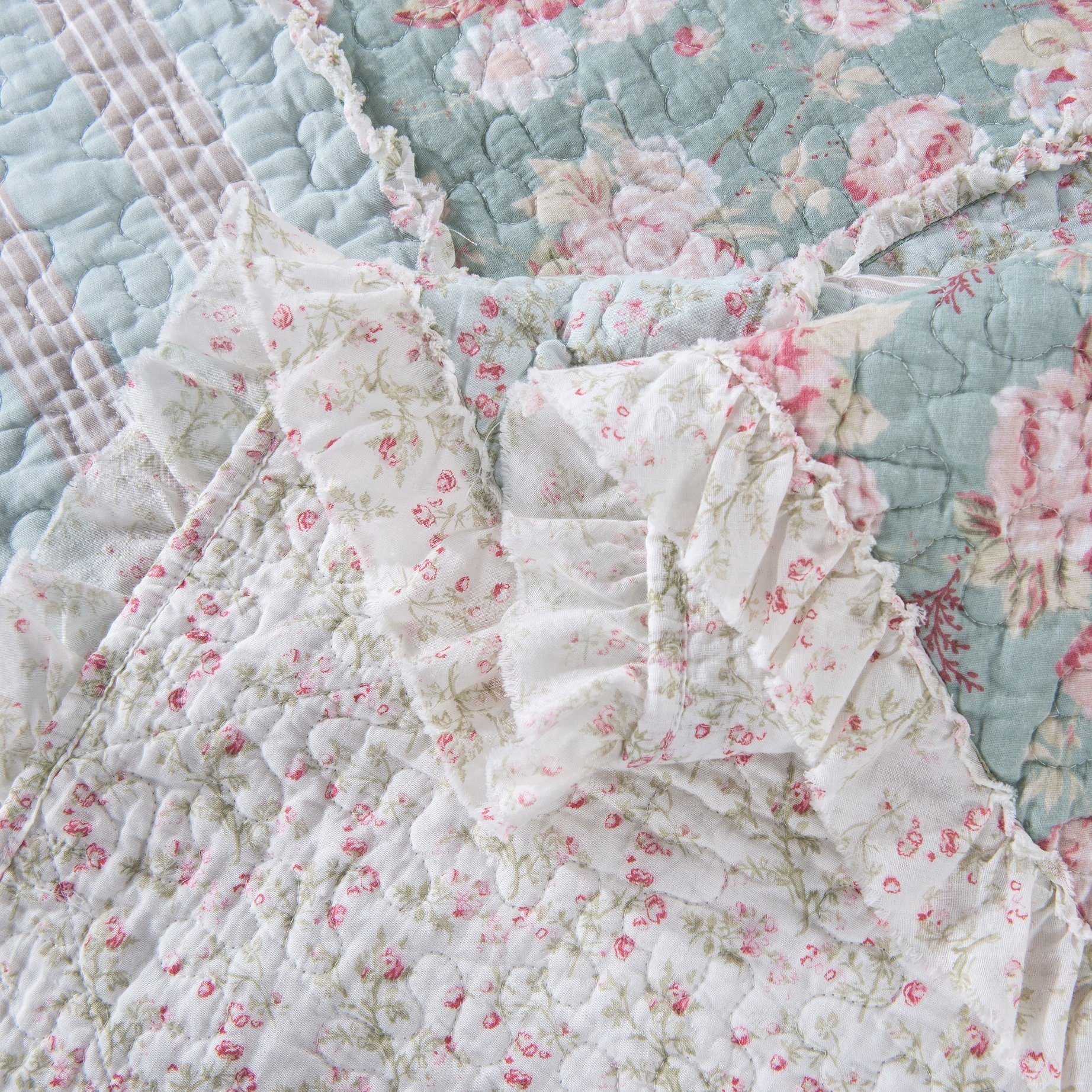 Hint of Mint Floral Pastel Cotton Patchwork Ruffle Bedspread Set