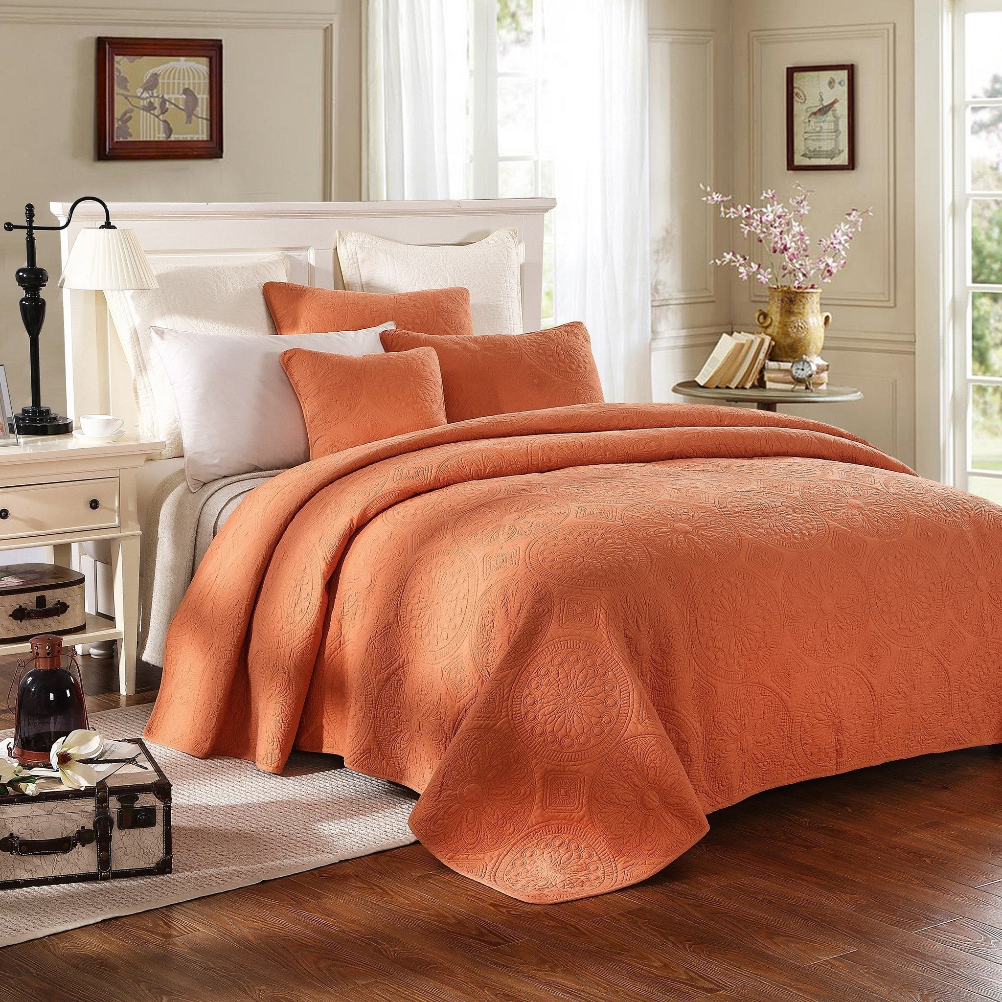 Tuscany Sunrise Medallion Orange Rustic Stone Washed Cotton Quilt Set