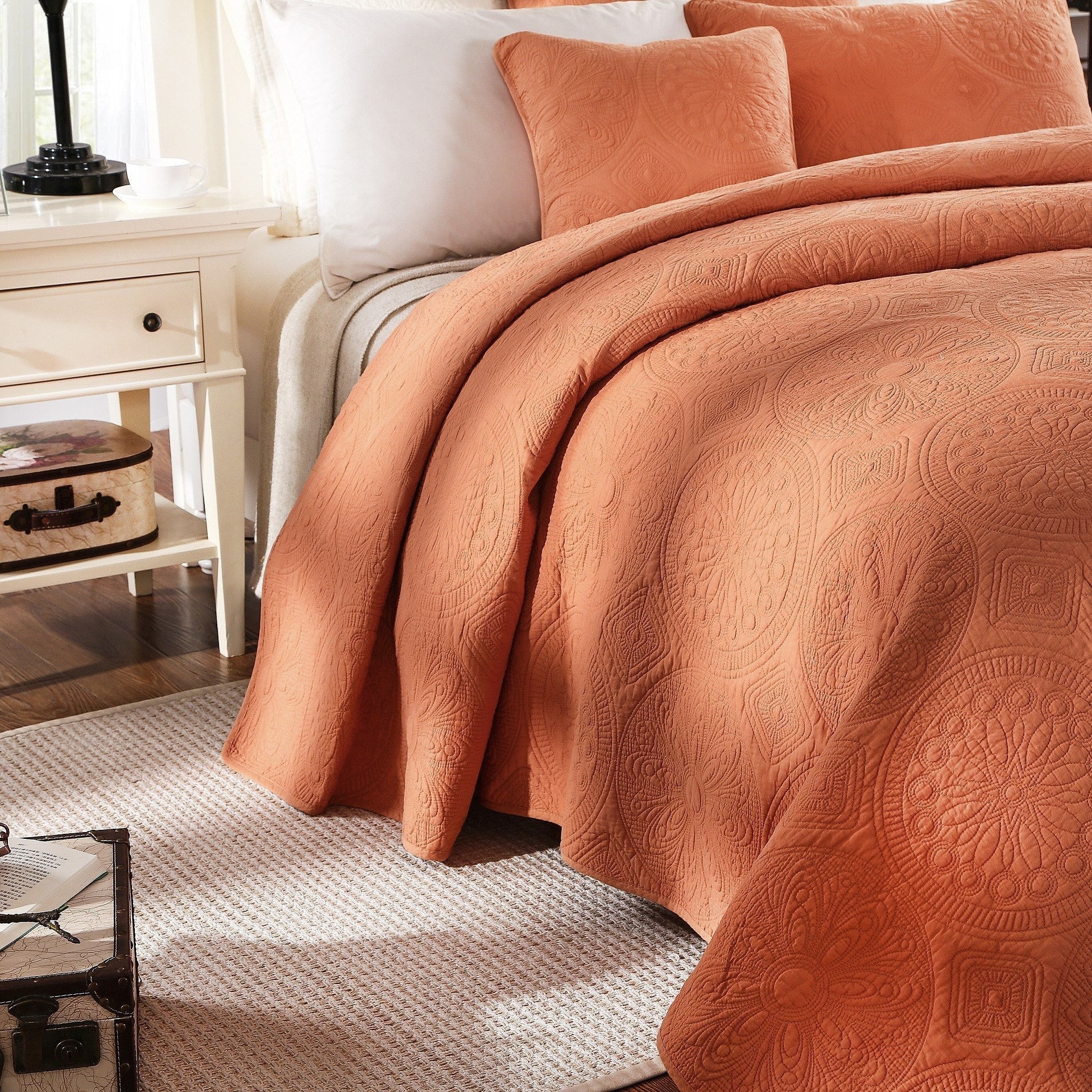 Tuscany Sunrise Medallion Orange Rustic Stone Washed Cotton Quilt Set