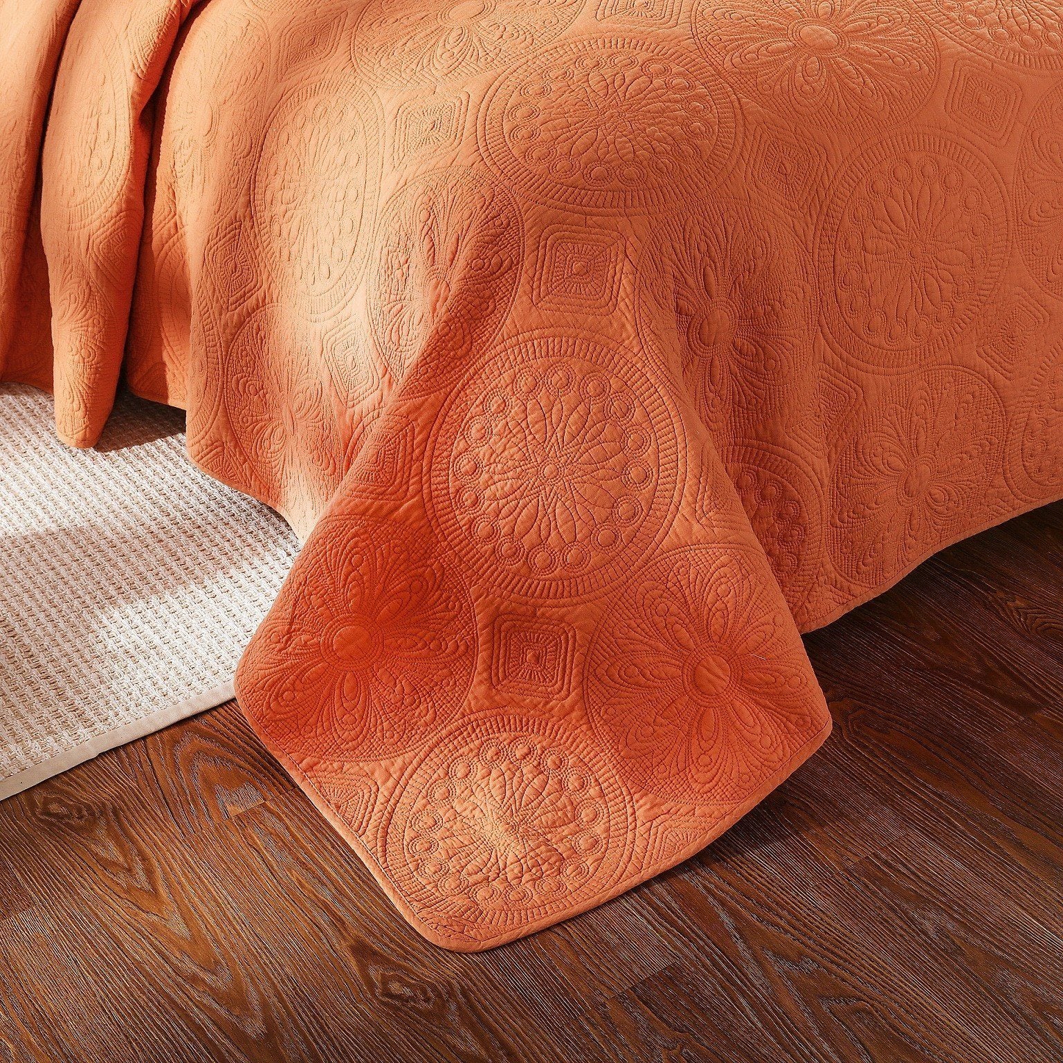 Tuscany Sunrise Medallion Orange Rustic Stone Washed Cotton Quilt Set