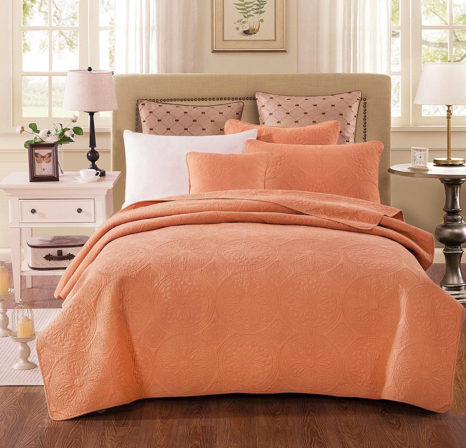 Tuscany Sunrise Medallion Orange Rustic Stone Washed Cotton Quilt Set