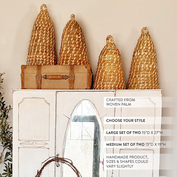 Handwoven Natural Palm Bee Skep Cloche, Set of Two, Choose Your Size