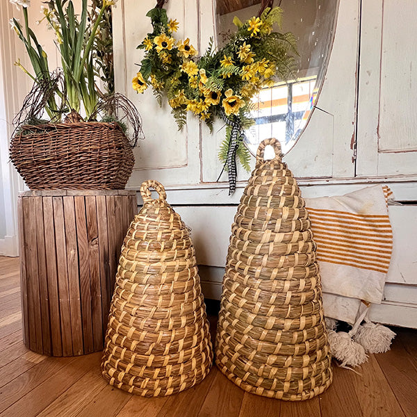 Handwoven Natural Palm Bee Skep Cloche, Set of Two, Choose Your Size