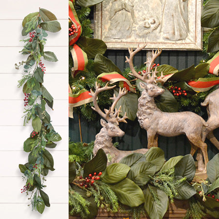 6 Foot Magnolia and Eucalyptus Garland With Berries