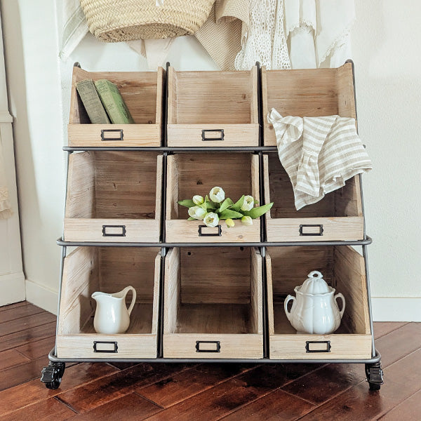 9 Bin Wooden Apothecary Storage on Wheels