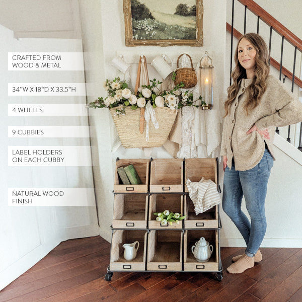 9 Bin Wooden Apothecary Storage on Wheels