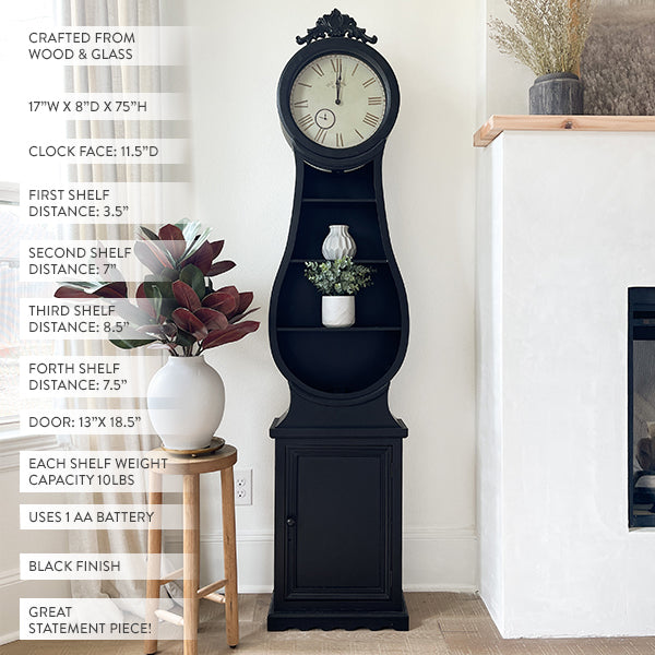 Huge 74 Inch Black Mora Clock with Shelves