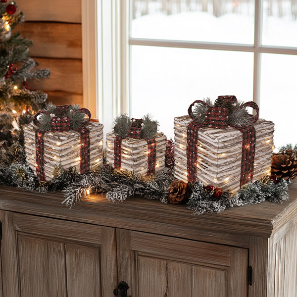 Rattan Light Up Ribbon Boxes, Set of Three