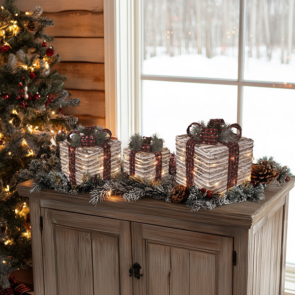 Rattan Light Up Ribbon Boxes, Set of Three