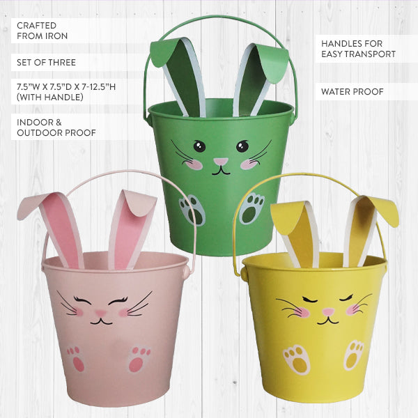 Adorable Bunny Face Easter Outdoor Buckets, Set of Three