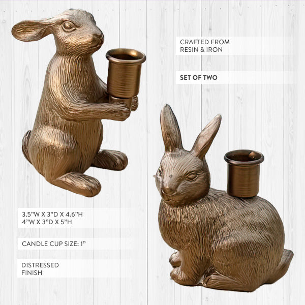 Bronze Bunny Candle Holders, Set of Two