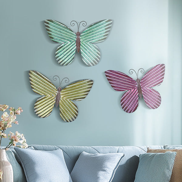 21 Inch Vibrant Multi-Color Metal Butterfly Wall Art, Set of Three