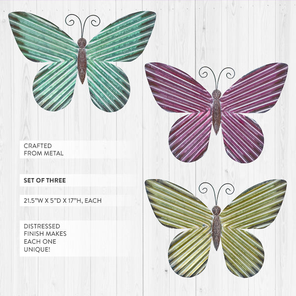 21 Inch Vibrant Multi-Color Metal Butterfly Wall Art, Set of Three