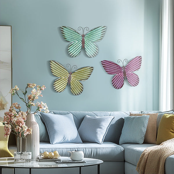 21 Inch Vibrant Multi-Color Metal Butterfly Wall Art, Set of Three