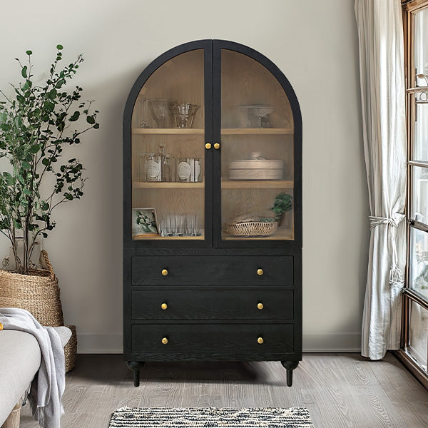 Black Glass Display Arched Storage Cabinet