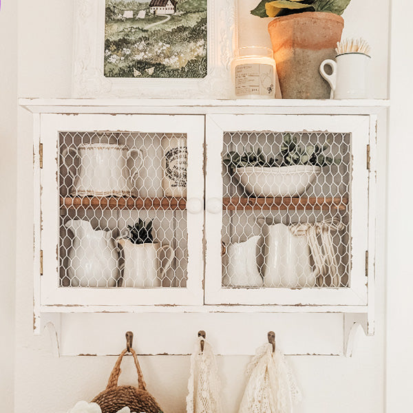Distressed Two Door Wooden Wall Cabinet with Three Hooks