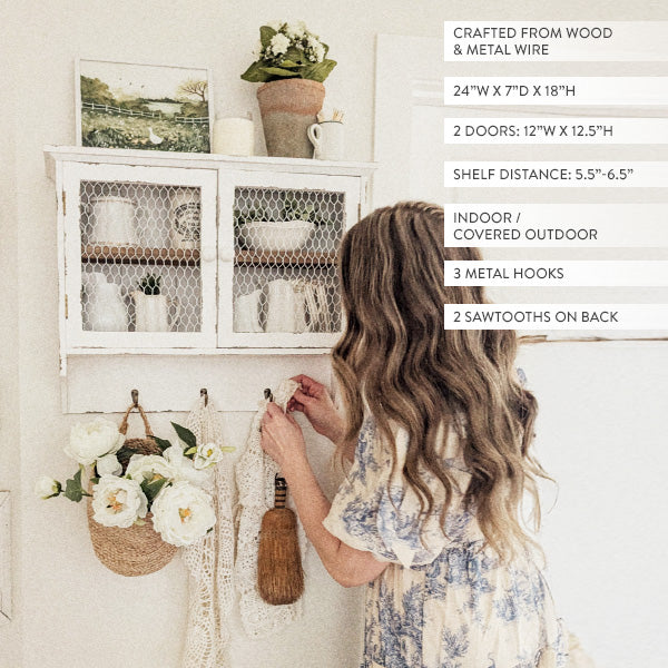 Distressed Two Door Wooden Wall Cabinet with Three Hooks