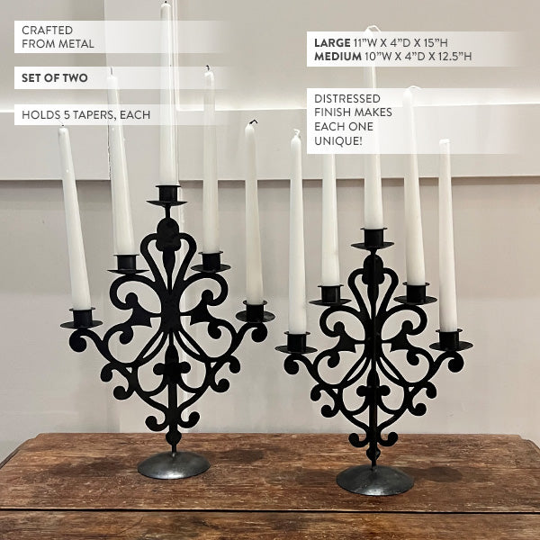 Ornate Black Metal Five Arm Candelabra, Set of Two