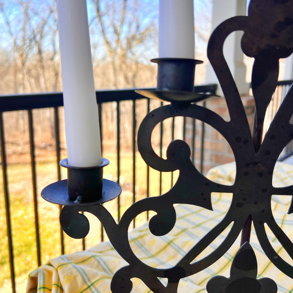 Ornate Black Metal Five Arm Candelabra, Set of Two