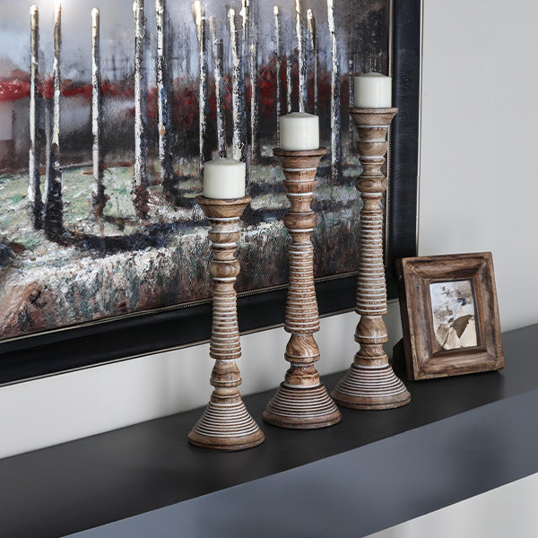 Mango Wood Pillar Candle Holders, Set of Three
