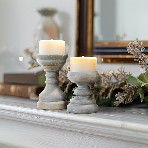 Gray Distressed Wood Candle Holders, Set of Two