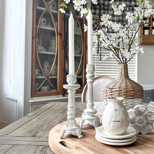 Tall Whitewashed Taper Candle Holders, Set of Two