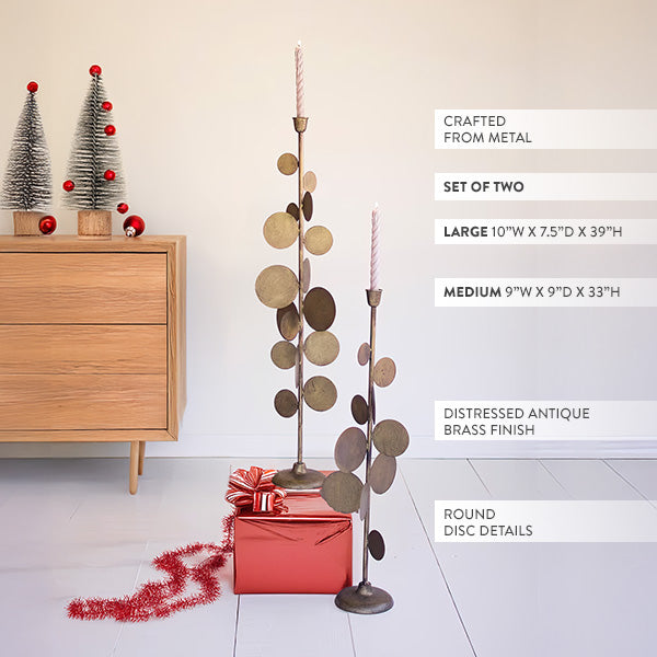 Antique Inspired Freestanding Brass Candle Holders, Set of Two