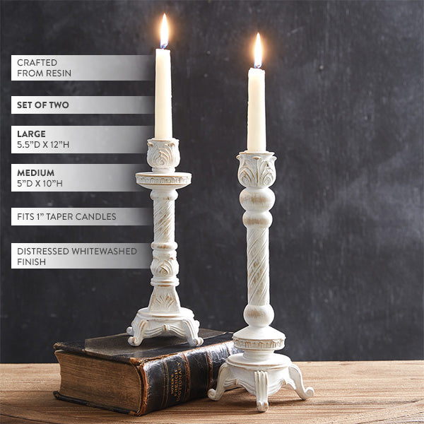 Tall Whitewashed Taper Candle Holders, Set of Two