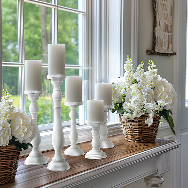 Chunky Hand Carved Wood Candle Holders, Set of 5 | Choose Your Color