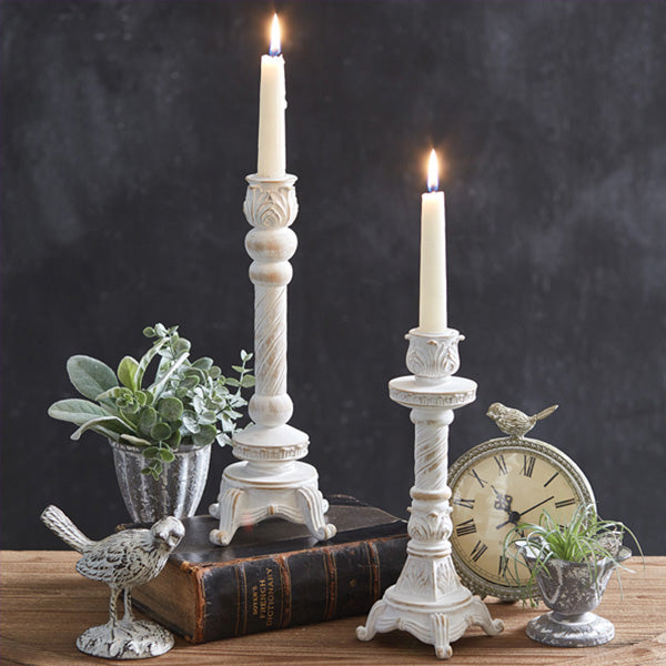 Tall Whitewashed Taper Candle Holders, Set of Two