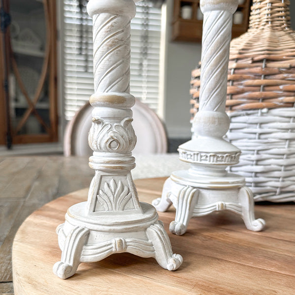 Tall Whitewashed Taper Candle Holders, Set of Two