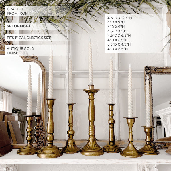 Antique Gold Finish Candle Holders, Set of Eight