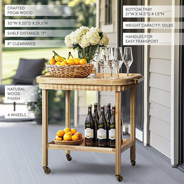 Rolling Fluted Wood Bar Cart