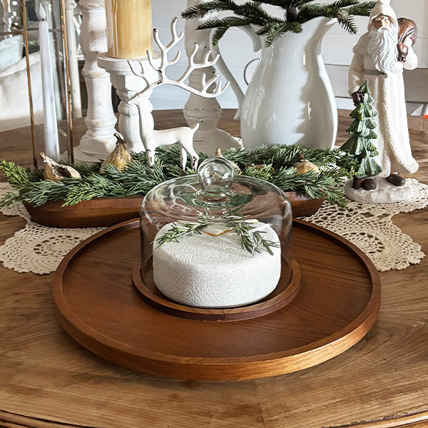 Tabletop Round Wood Serving Tray with Cloche
