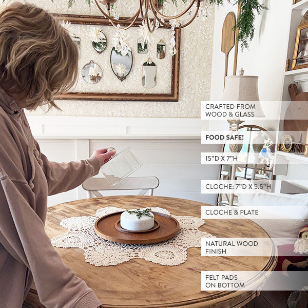Tabletop Round Wood Serving Tray with Cloche