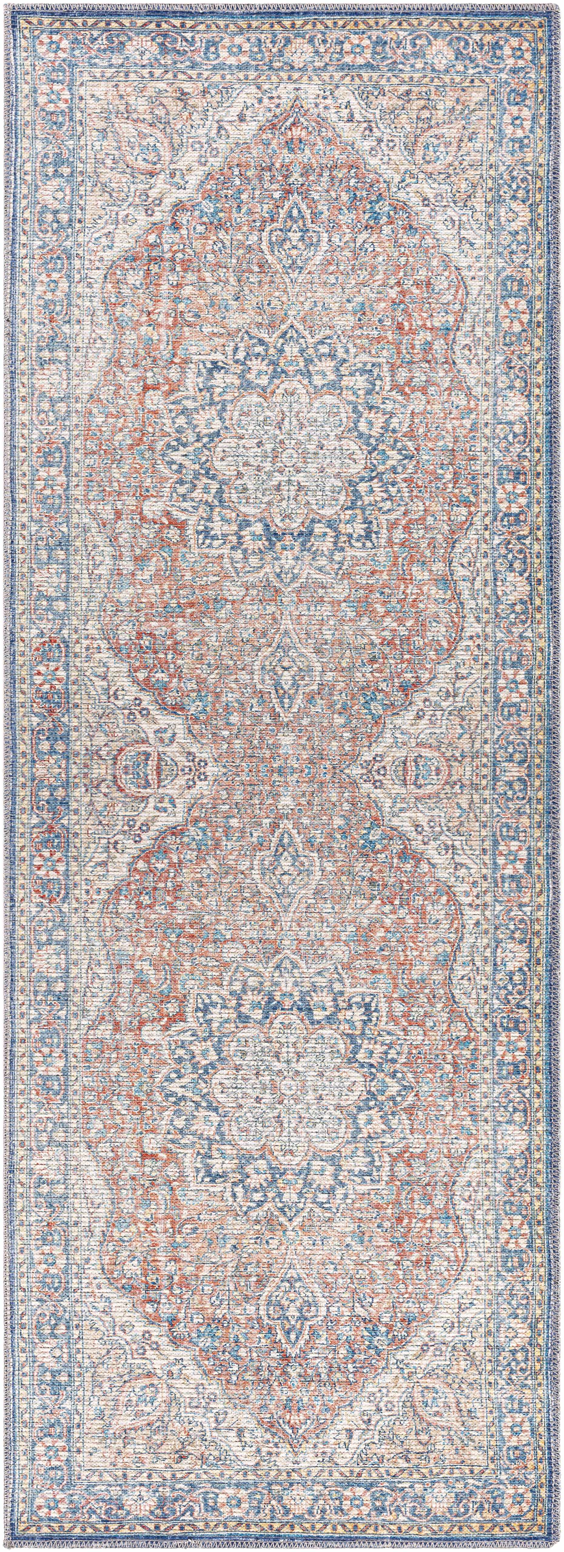 Distressed Red & Blue Washable Rug