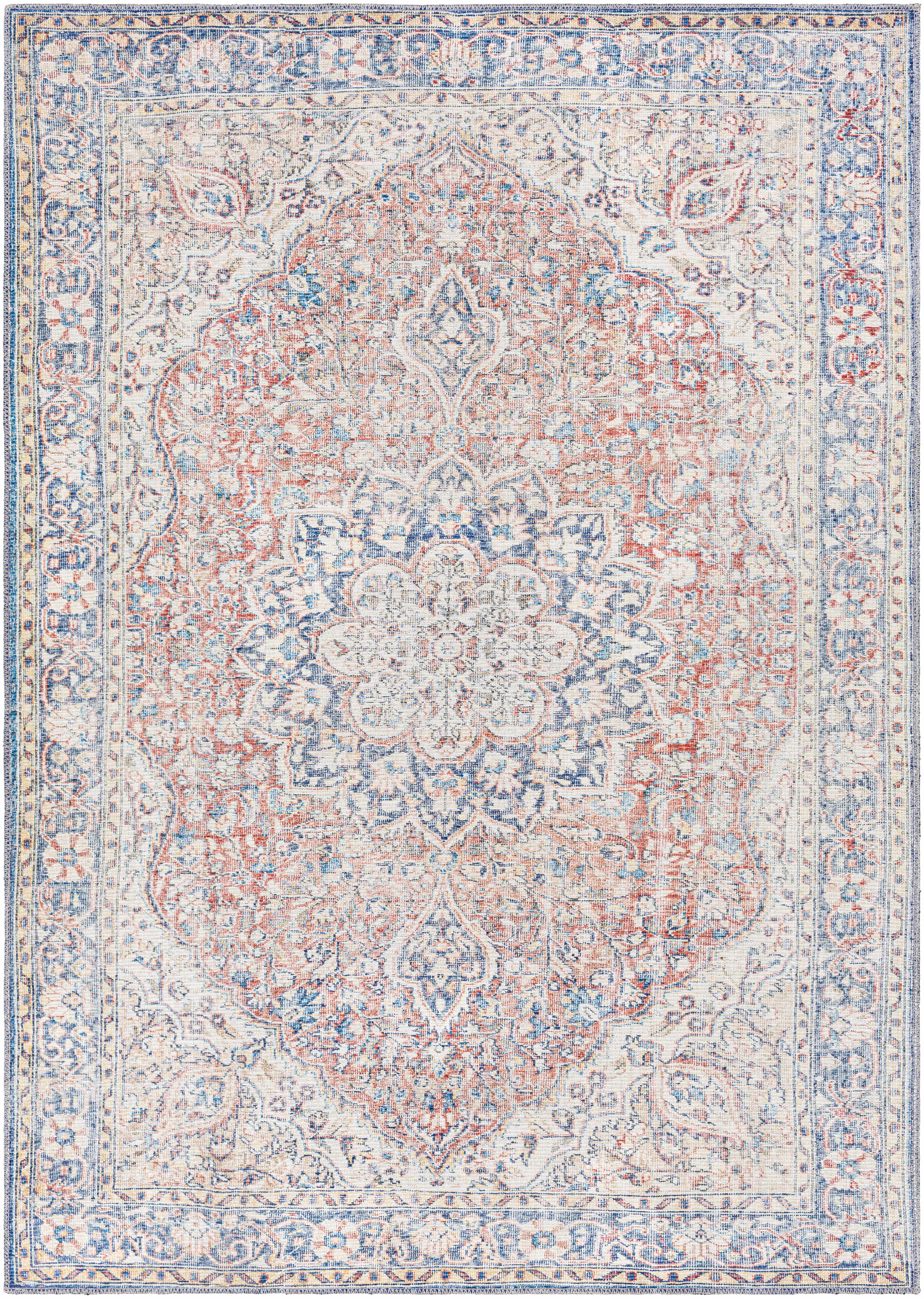 Distressed Red & Blue Washable Rug