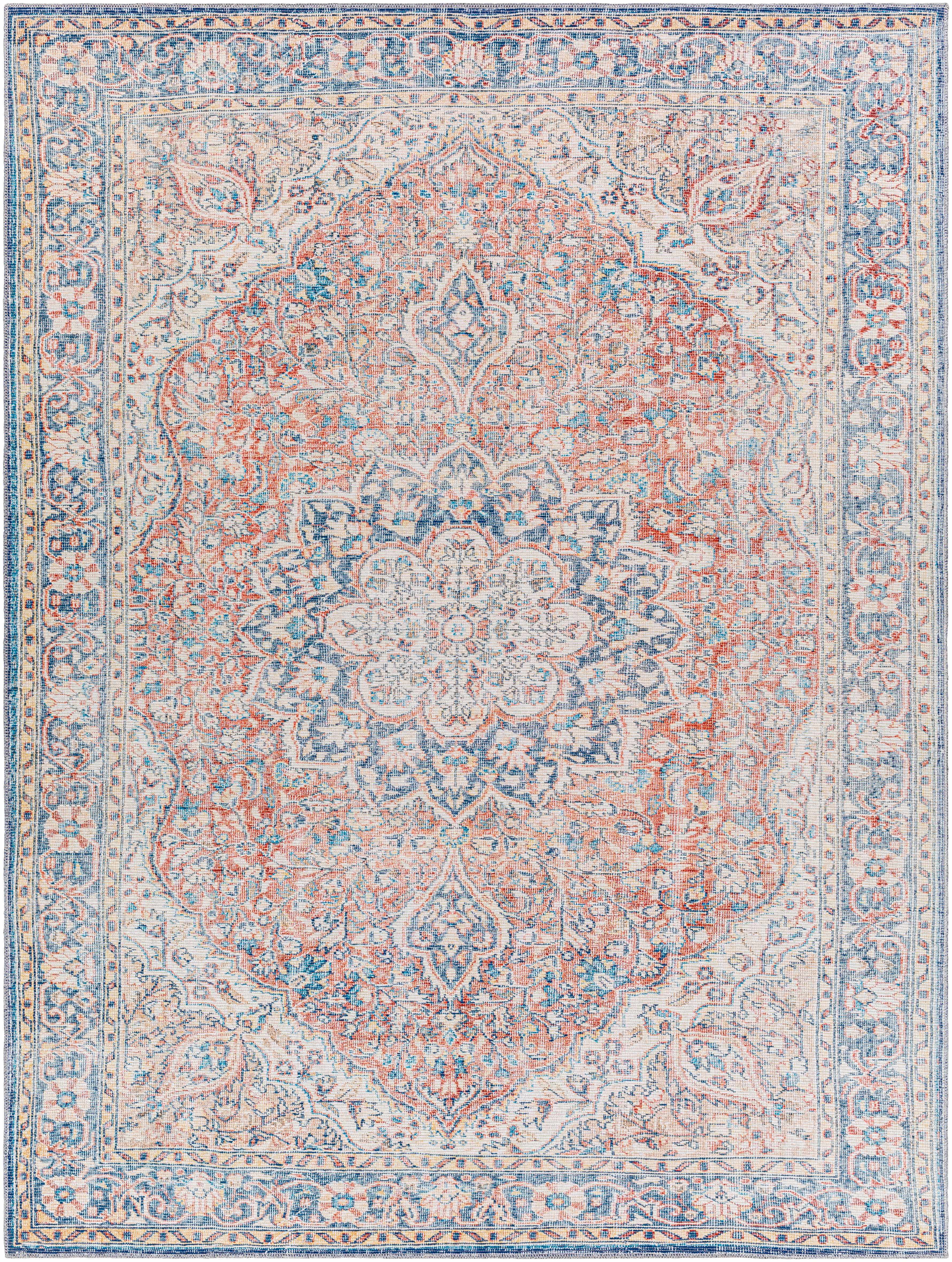 Distressed Red & Blue Washable Rug
